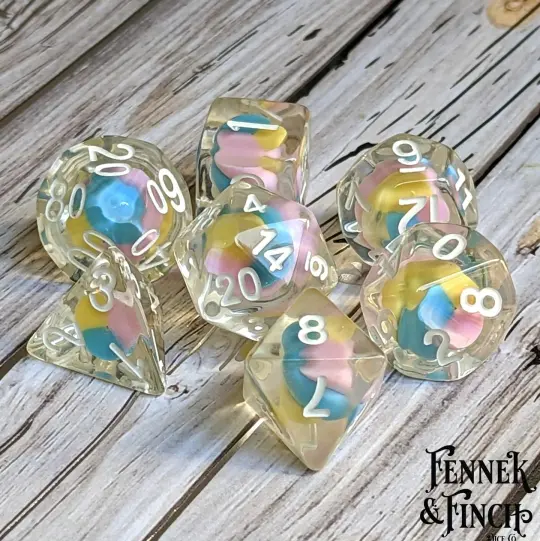 Fae Candy Swirl Dice Set – 7-Piece Tiny Candy Pieces Fey DnD Dice