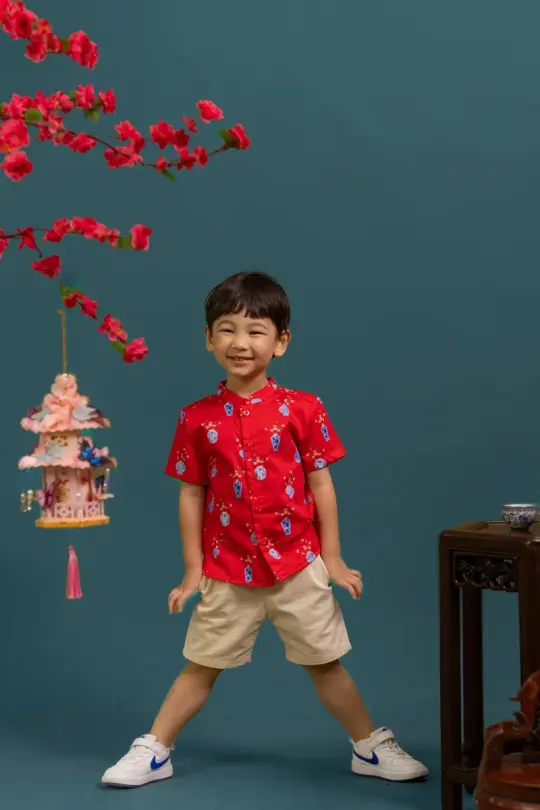Mandarin-collared Shirt - Red Vases