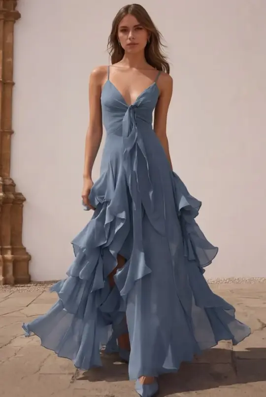 French Chic Baby Blue Ruffled A-Line Spaghetti Straps Corset Maxi Prom Dress Summer Dress RS628