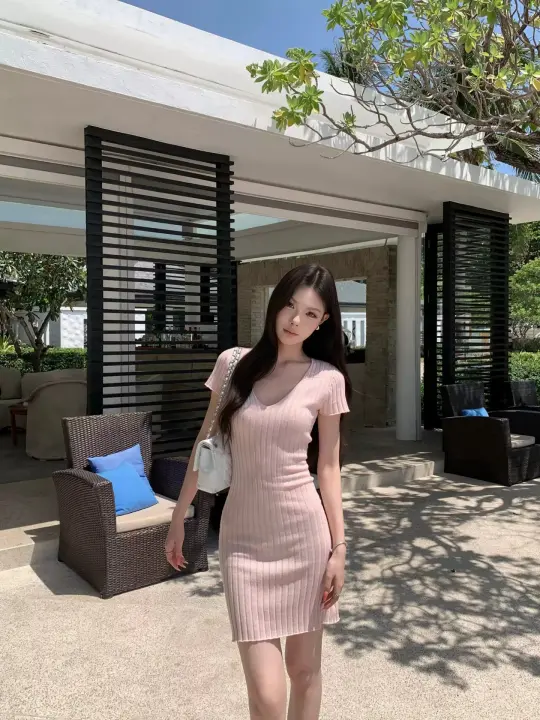 Casual Minimalist Ribbed Bodycon Mini Dress V-Neck Solid Color Knit R9189
