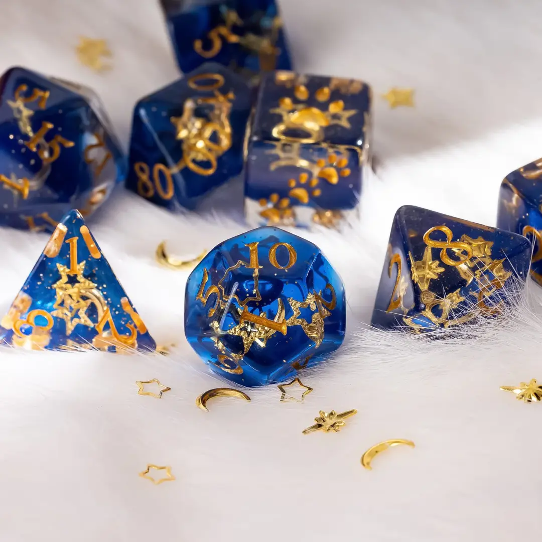 Moon and Stars Dice Set – 8-Piece Glittering Night Sky | Fennek & Finch
