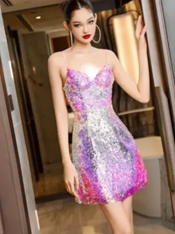 Pastel color suspenders low-cut sexy sequin waist slimming bright short skirt homecoming dress R4695