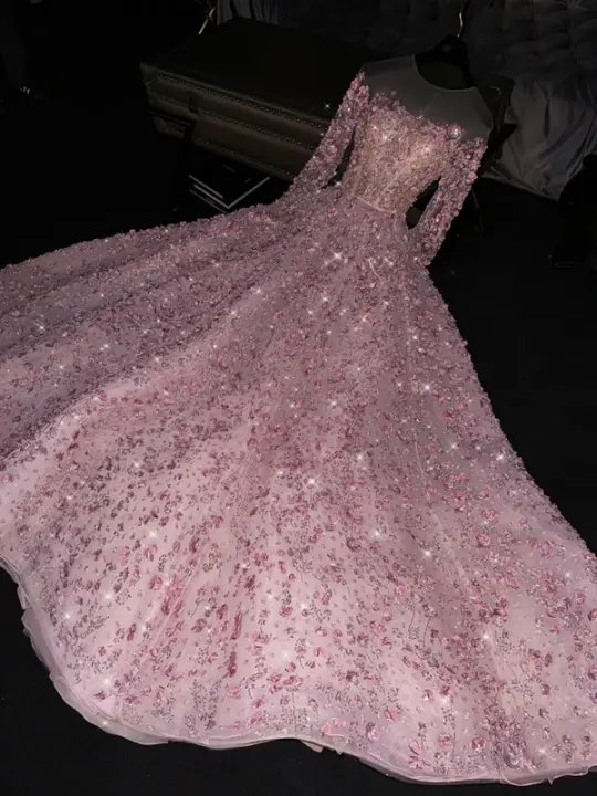Light pink round neck long sleeve fitted waist long ball gown/bridal dress R8771
