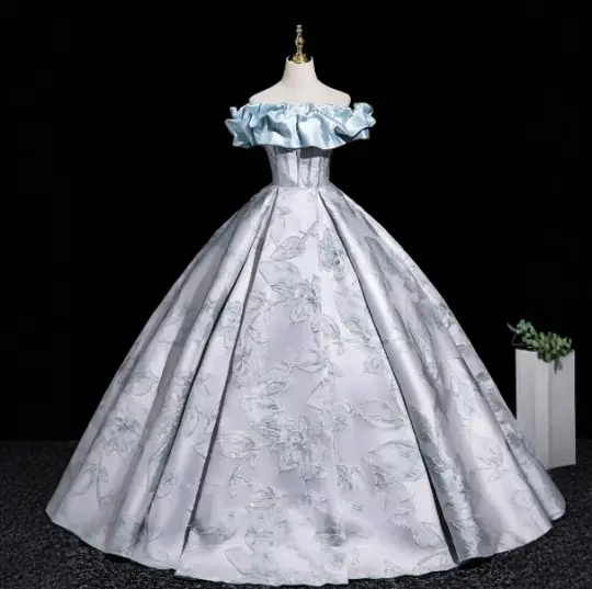Elegant Sliver Prom Gown , Silky Satin Printed Pattern Corset Maxi Evening Dress Ball Gown RS1721