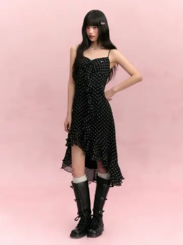 Black Polka Dot Slip Dress with Sweetheart Neck, Ruffled Trim, Asymmetric Hem R9255