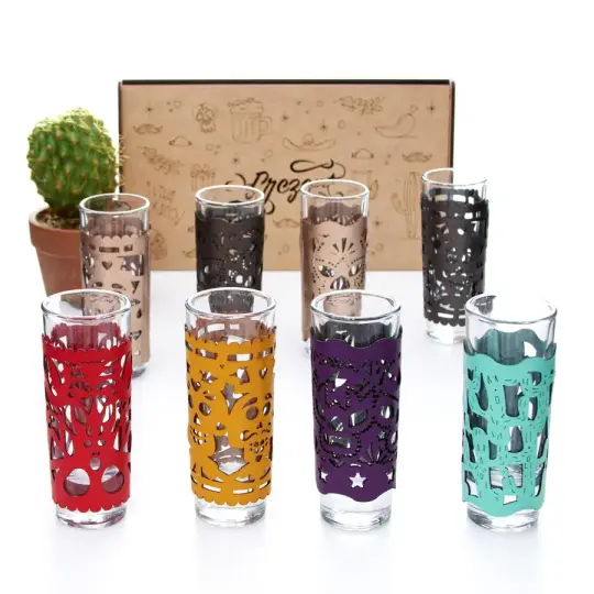 Colorful Faux Leather Cover Tequila Shot Glass (Set of 4)