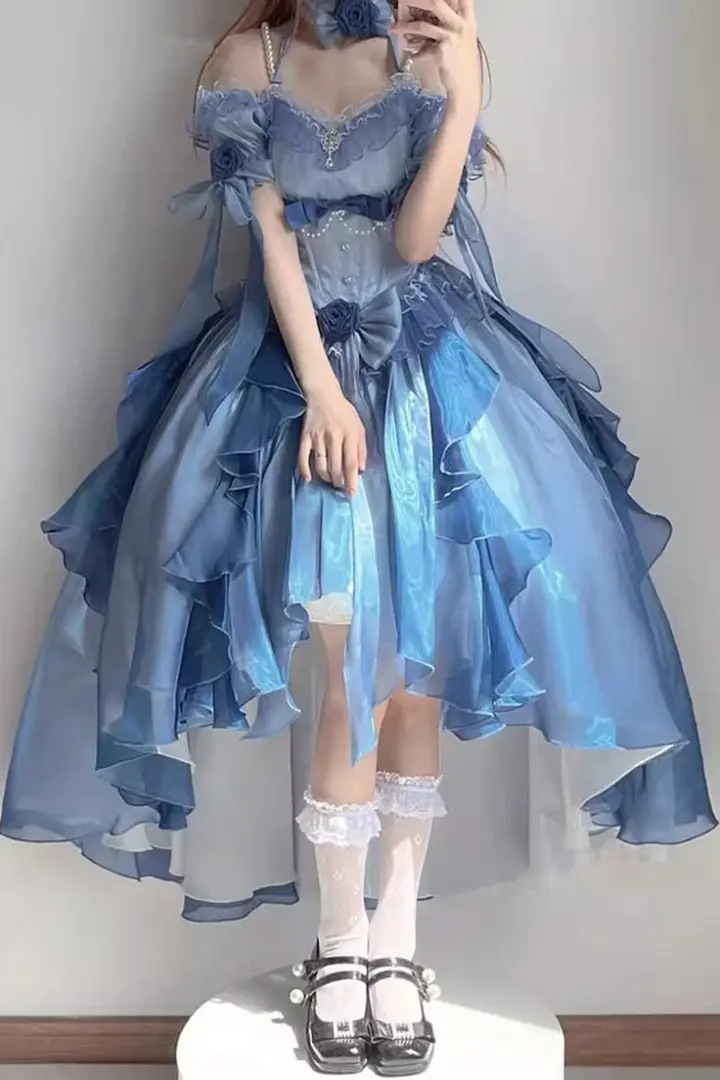 Charming Tulle Bow Decor Women's Prom Gown Blue Waist Fitted Maxi Evening Dress Birthday Dress — Fall Outfit 2026 New  RS3269