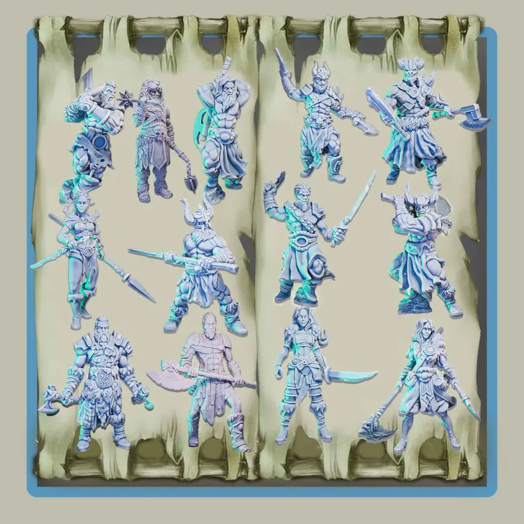 render of all thirteen 28mm barbarian miniatures