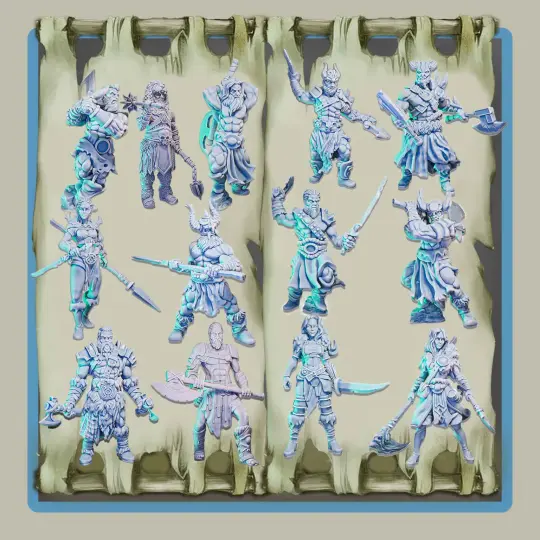 render of all thirteen 28mm barbarian miniatures
