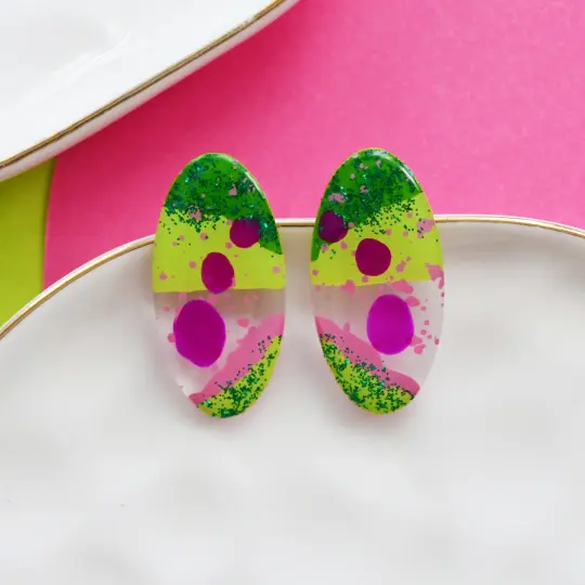 Pink and Green Glitter Abstract Art Oval Resin Stud Earrings