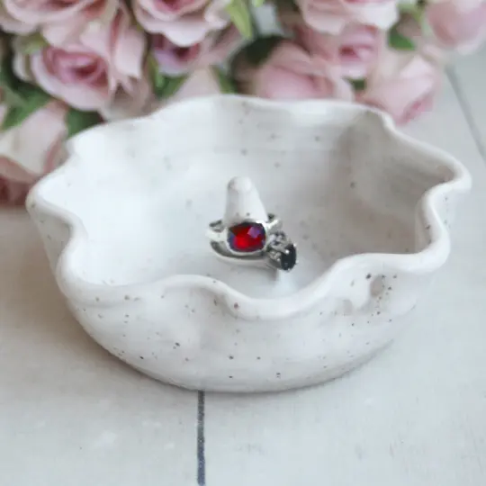 Discounted Ring Dish, White Speckled Ceramic Ring Holder "Second", Made in USA