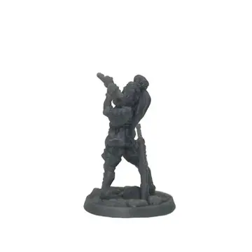 Unpainted 32mm 3D-printed female human bard playing a flute, wearing a feathered cap and travelling cloak — tabletop RPG miniature for D&D, Pathfinder & wargaming