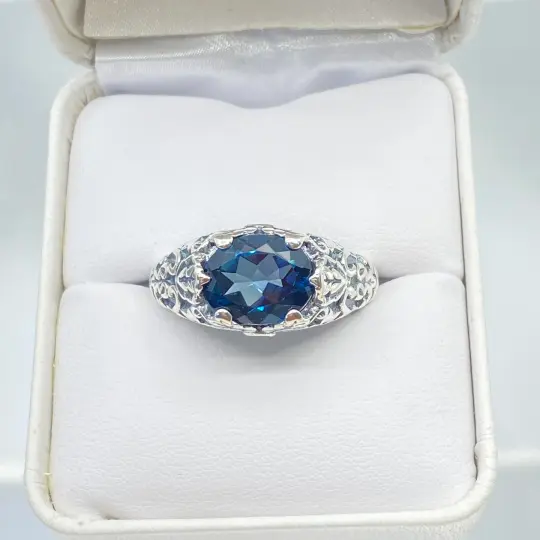 Natural London Blue Topaz Ring, size 9, Sterling Silver Ivy Leaf Filigree Jewelry #D57 - Ready to Ship