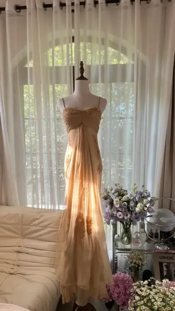 Light brown halter-neck long ball gown R7756
