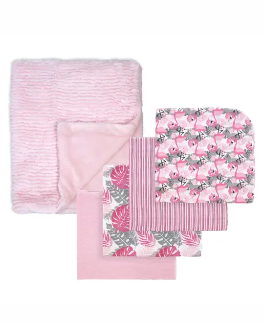 Tendertyme Baby Boys and Baby Girls Tropical Islands 5 Piece Baby Blanket Gift Set, Pink