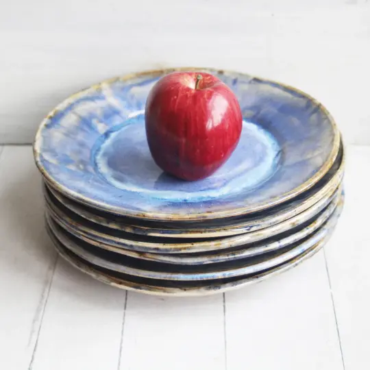 Handcrafted Rustic Swirling Blue Dinner Plates, Set of Six Pottery Dinnerware Made in USA