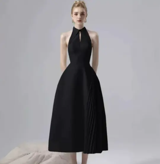 Minimalist Black A-Line High Collar Long Women Dress Prom Dress Evening Dress RS084