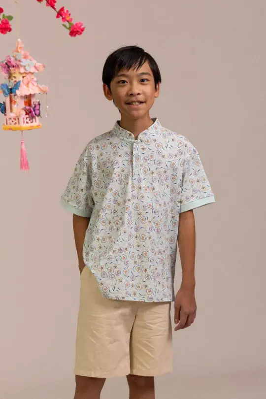 Mandarin-collared Polo Tee - Blue Fans