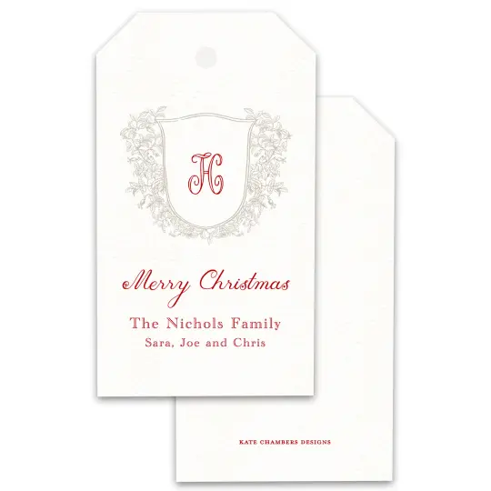 Vintage Taupe Crest with Monogram Merry Christmas Customizable Gift Tag