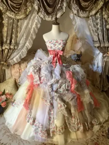 Soft floral print strapless waist-cinching princess skirt long ball gown R6485