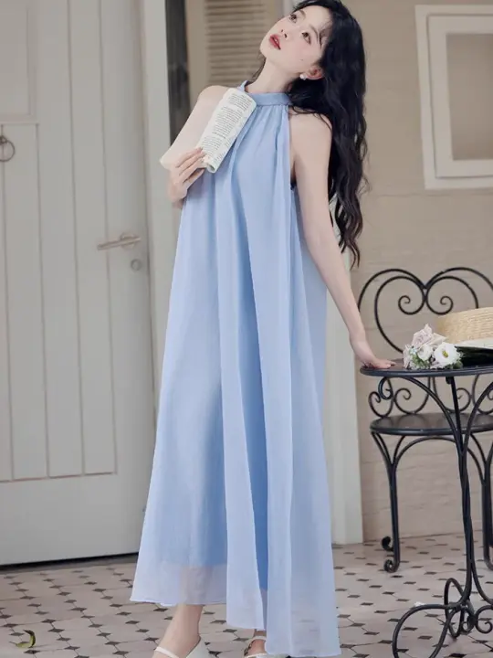 French blue halter neck dress new style holiday style waist beautiful fairy dress R2402