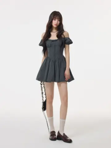 Grey French-Style Puff Sleeve Mini Dress, Square Neck High Waist A-Line Sundress R9378
