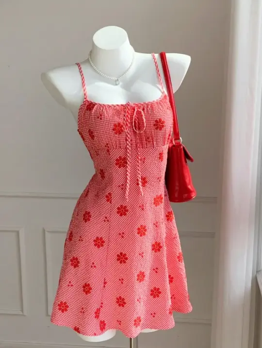 Red Retro Homecoming Dress , Flowy Chiffon Floral Short Prom Dress Cami Dress RS1661