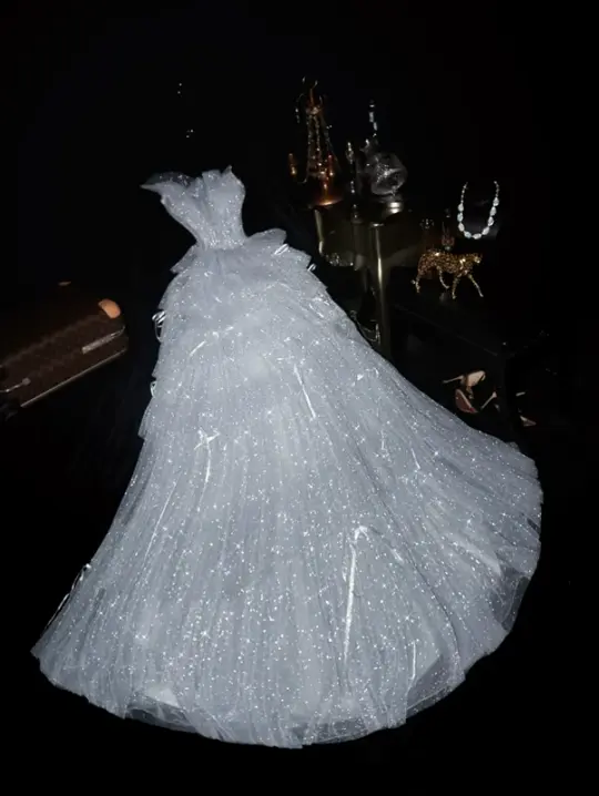 White strapless fitted waist tulle dress, princess-style long ball gown R6914
