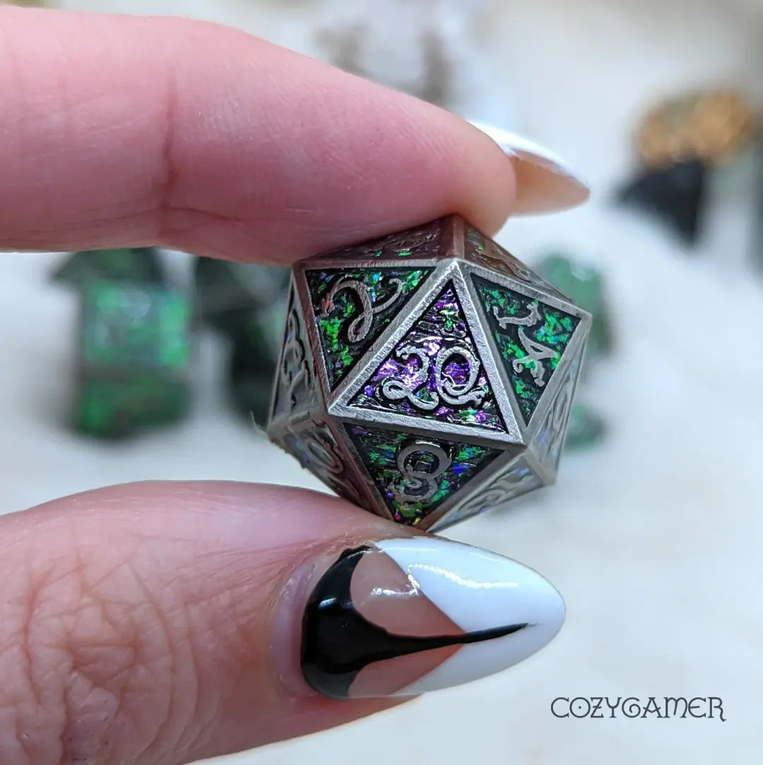 Nickel Cloud Dragon Metal Dice Set – 7-Piece Purple Green Color Shift Zinc Alloy