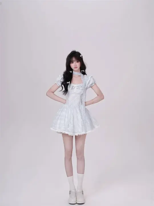 Light blue puff sleeve plaid waist slim A-line short skirt homecoming dress R5284