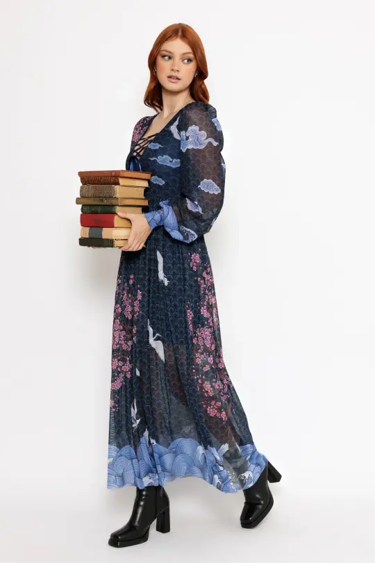 Flight of Tsuru Bishop Sleeve Maxi Dress
