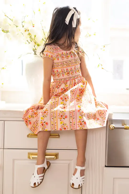 Mini Marlow Cap Sleeve Dress in Peach Handpainted Flora Stripe