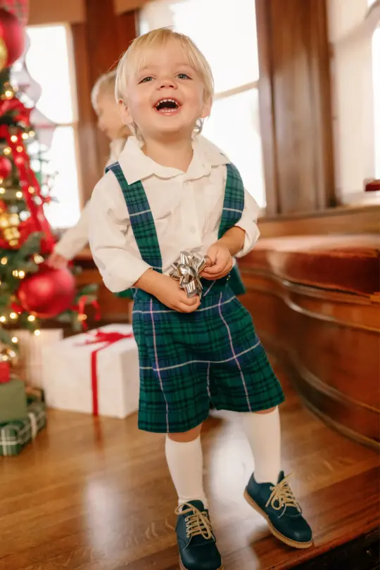 Boys Charles Suspender Shorts in Emerald Plaid