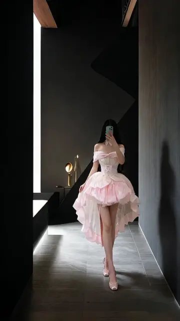 Pink off-the-shoulder fitted waist slim-fit short ball gown with a full skirt R8031