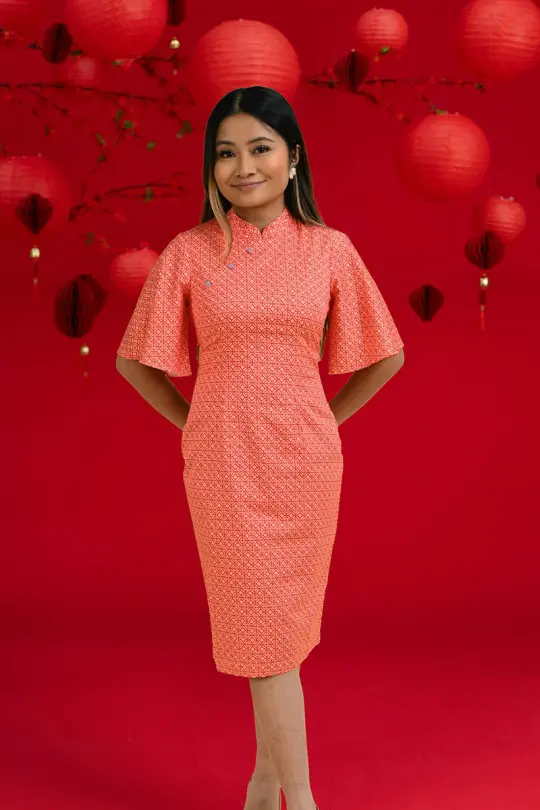 Ladies Renee Cheongsam - Peach Red Mosaic