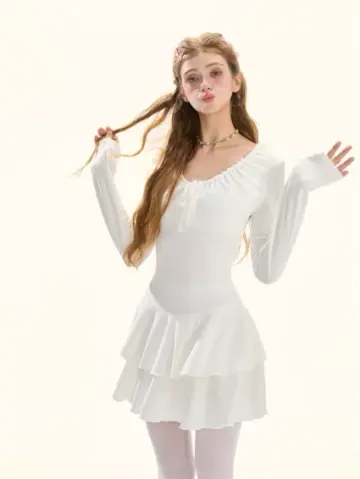 White Long Sleeve Tiered Mini Dress With Ruched Neckline And Bow Detail R9295
