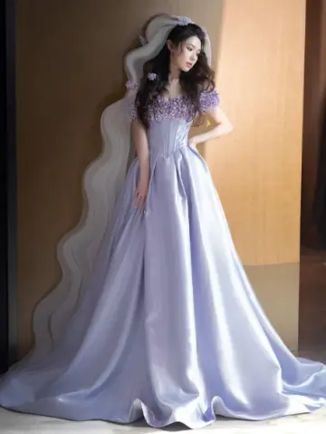 Dreamy Purple Prom Dress ,A-Line Bateau Applique Corset Maxi Evening Dress RS927