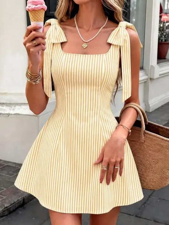 Minimalist Striped Women's Homecoming Dress Yellow Corset Short Prom Dress Party Dress RS2670