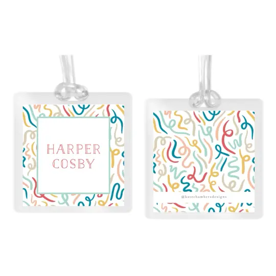 Girl's Colorful Confetti Square Laminated Bag Tag