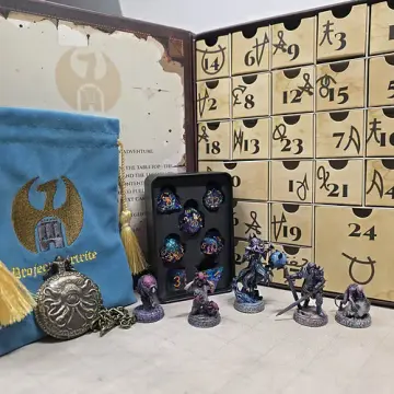 Cthulhu dice advent calendar Descent Into Madness theme with painted illithid miniatures, sharp edge dice in a metal tin and the Cthulhu pocket watch dice set