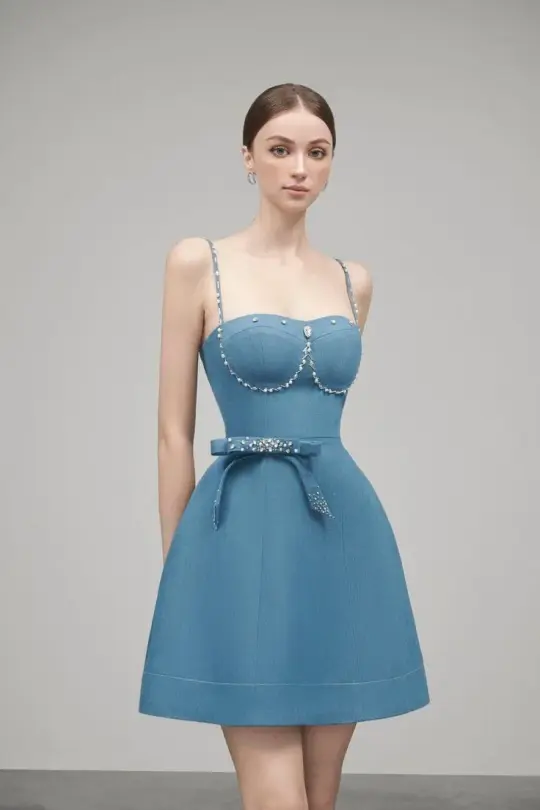 Blue suspenders waist slim A-line princess skirt homecoming dress R3734