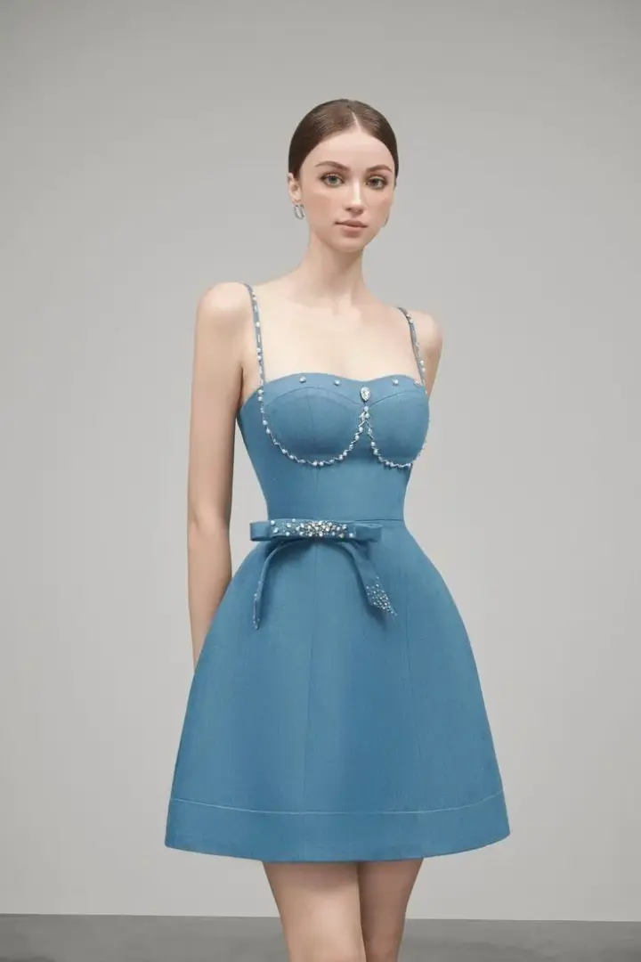 Blue suspenders waist slim A-line princess skirt homecoming dress R3734
