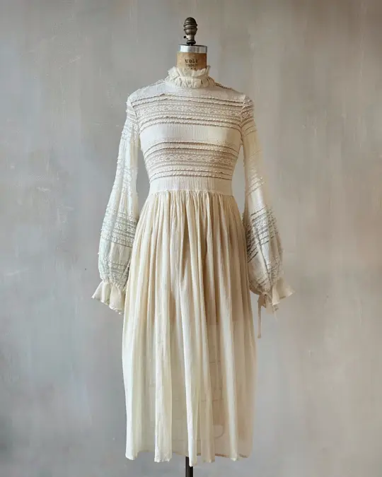 "Edith" Lace High Collar Dress in Ivory