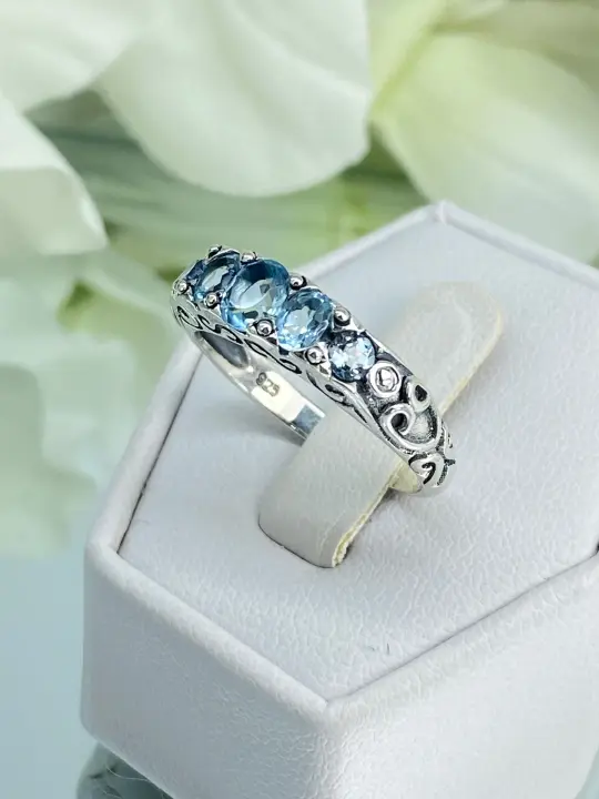 Natural Blue Topaz Ring, Size 8, 5-Stone Georgian Ring, Victorian Jewelry Design#D19 - Ready to Ship