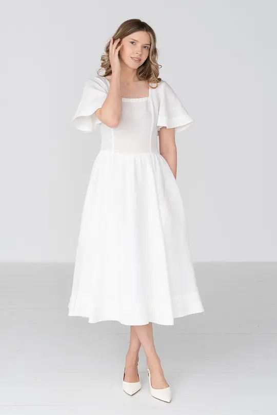 Nora – Square Neck Linen Dress with Butterfly Sleeves