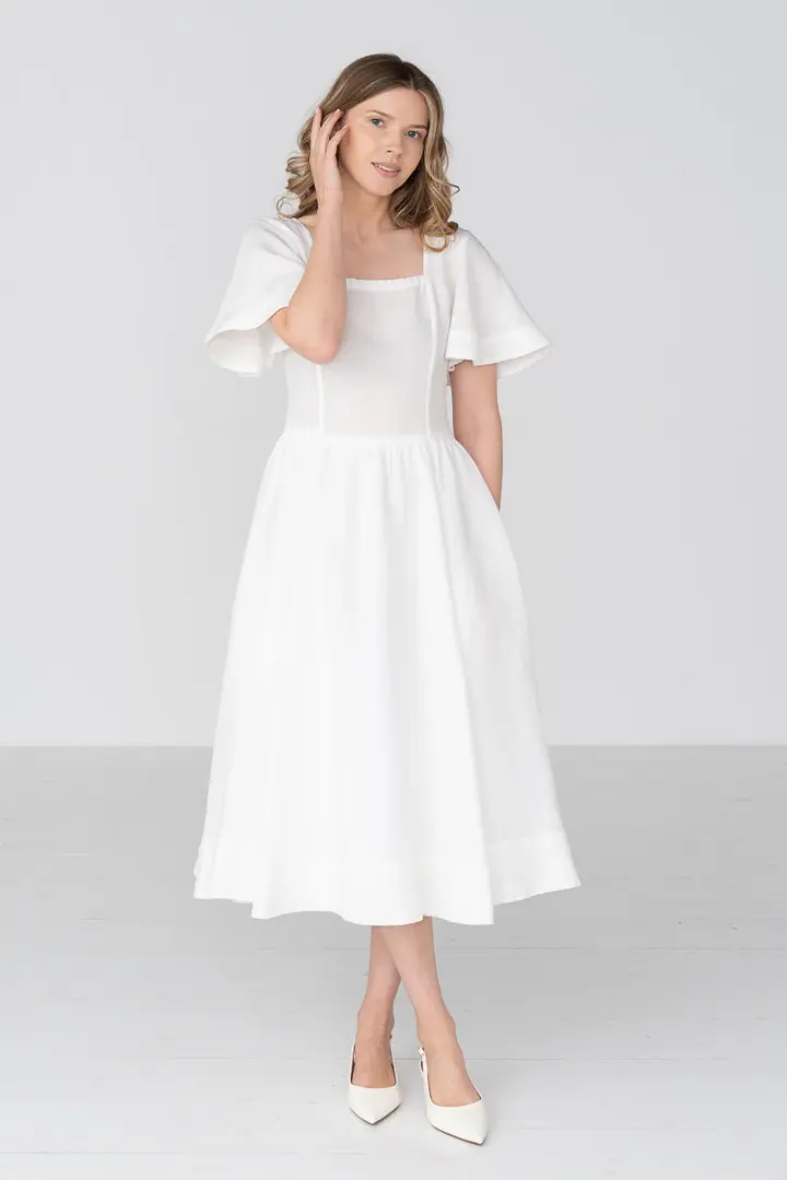 Nora – Square Neck Linen Dress with Butterfly Sleeves