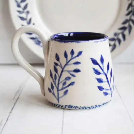 Blue and White Floral Pottery Mug, Handcrafted in USA 12 oz. (B)