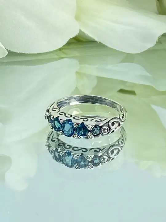 Natural London Blue Topaz Ring, Size 8, 5-Stone Georgian Ring, Victorian Jewelry Design#D19 - Ready to Ship