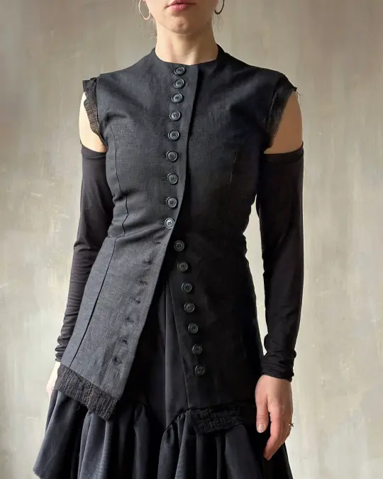 Long Button-Front Tails Vest in Linen (In Stock)*