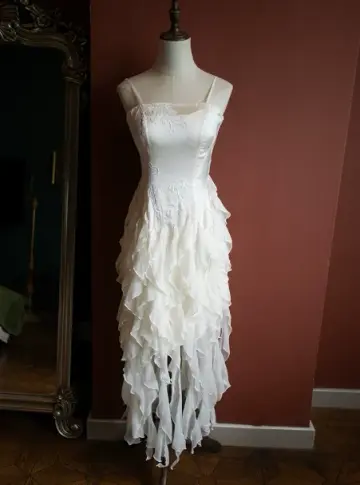 Elegant White Ruffled A-Line Spaghetti Straps Irregular Hem Corset Maxi Prom Dress Cocktail Dress RS519